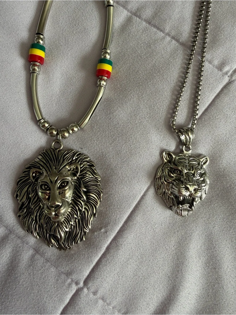 Silver Lion Head Pendant Necklace for Men - Silver Tone set of 2